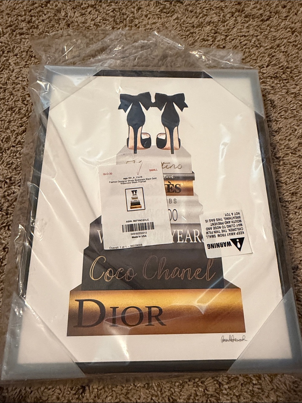 Fashion Designer Shoes Book Stack Framed Wall Art 11x14 Black Gold NEW